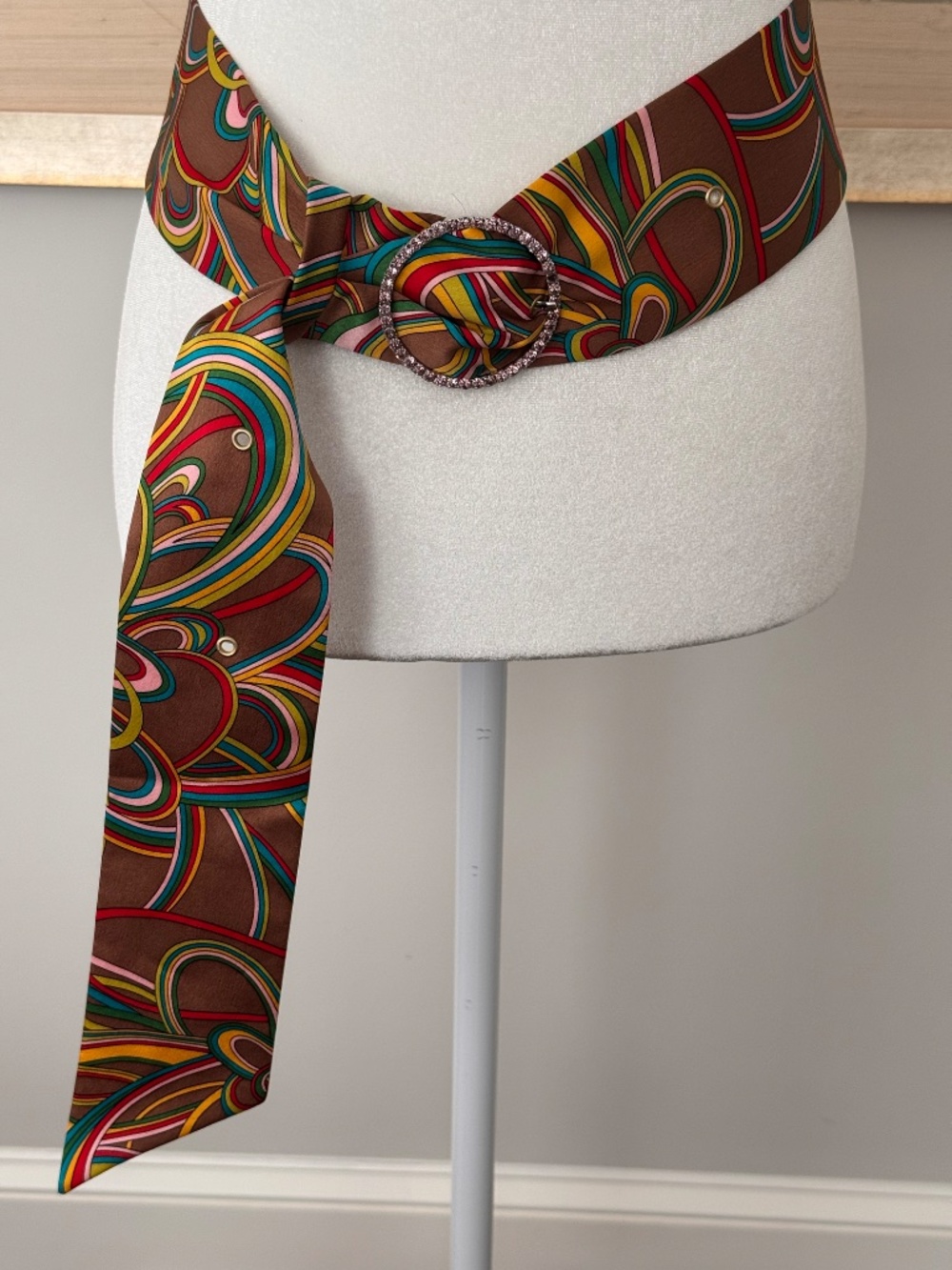 Julie Brown Silky Brown & Multi Print Belt, rhinestone buckle